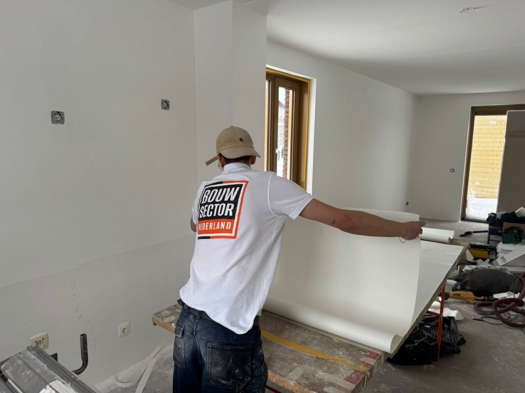 Vakman van Bouwsector Nederland brengt een baan renovlies aan in een woning